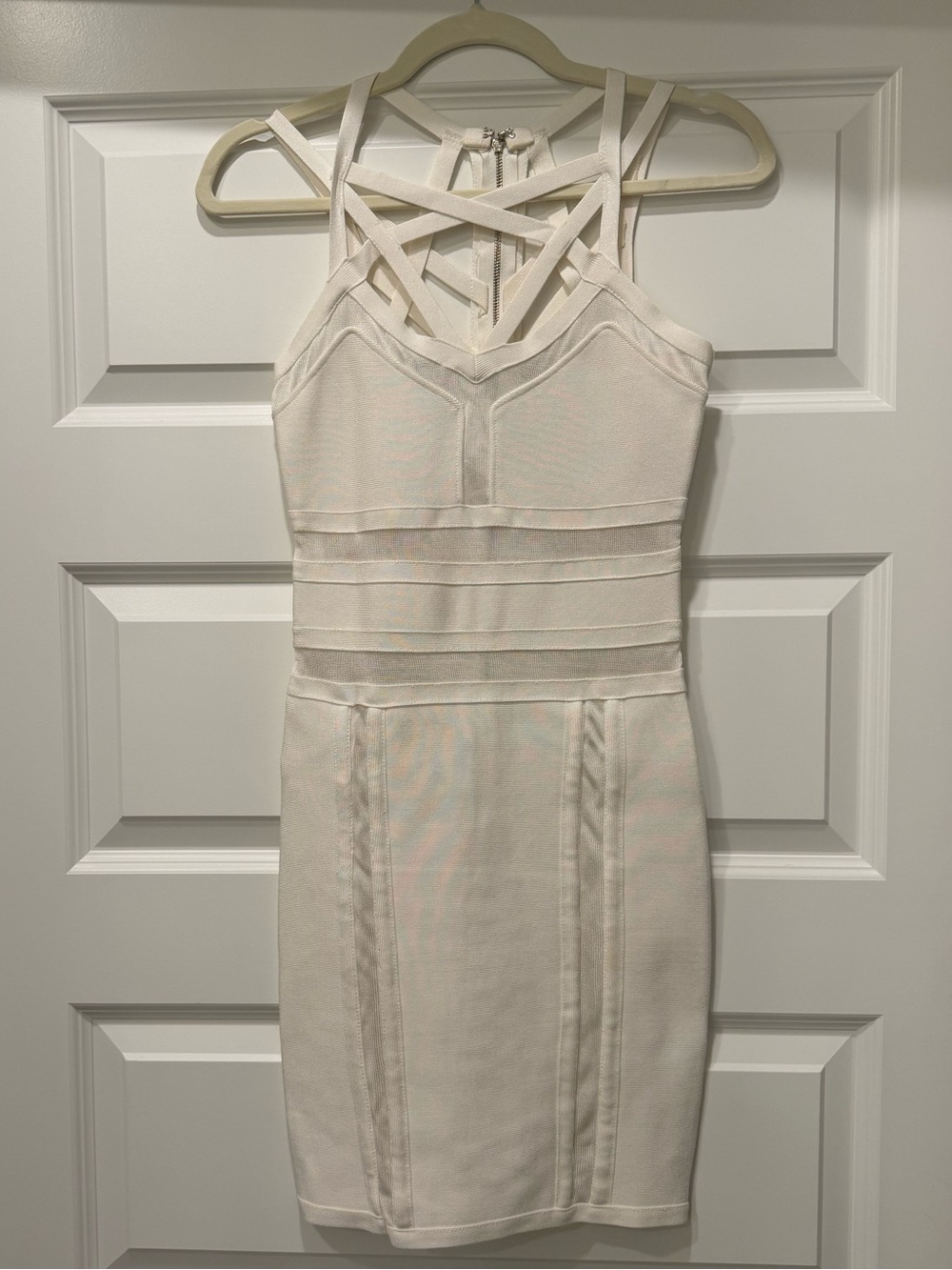 Bebe white caged strappy bandage mini dress size S